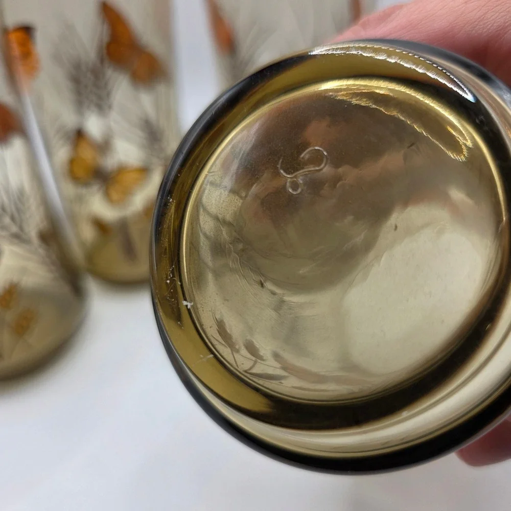 Vtg Libbey Smoked Glass Monarch Butterfly Wheat Tumblers Set of 4 Orange Brown